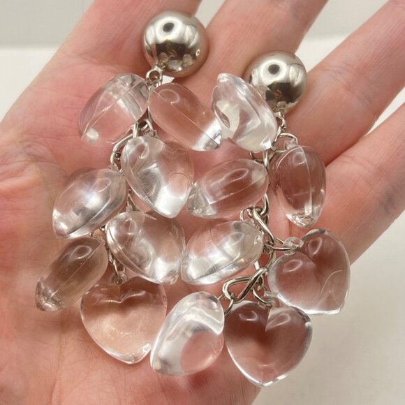 Jewelry - Vintage Clear Lucite Earrings Puffy Heart Silver-Tone Dangling 3" Y2K Statement